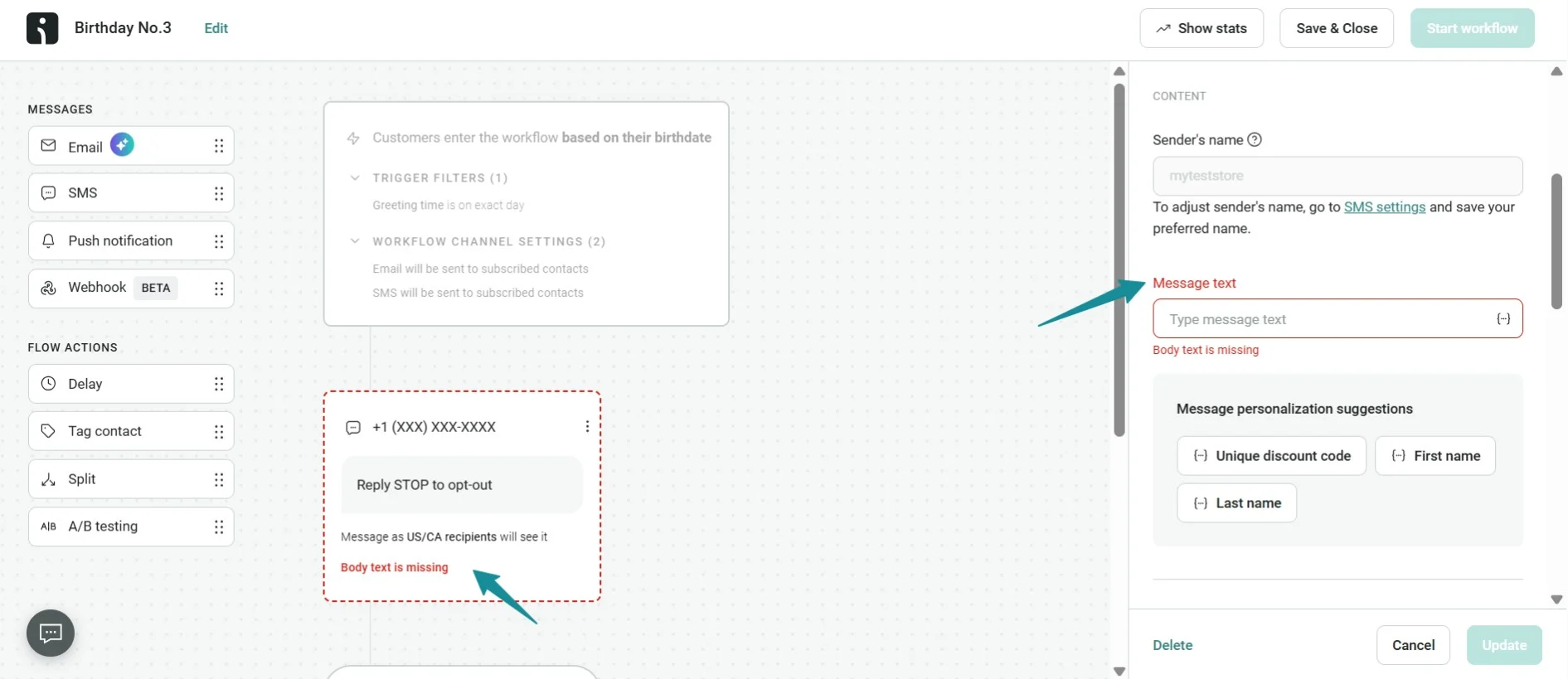 Omnisend birthday SMS workflow editor showing missing message text error