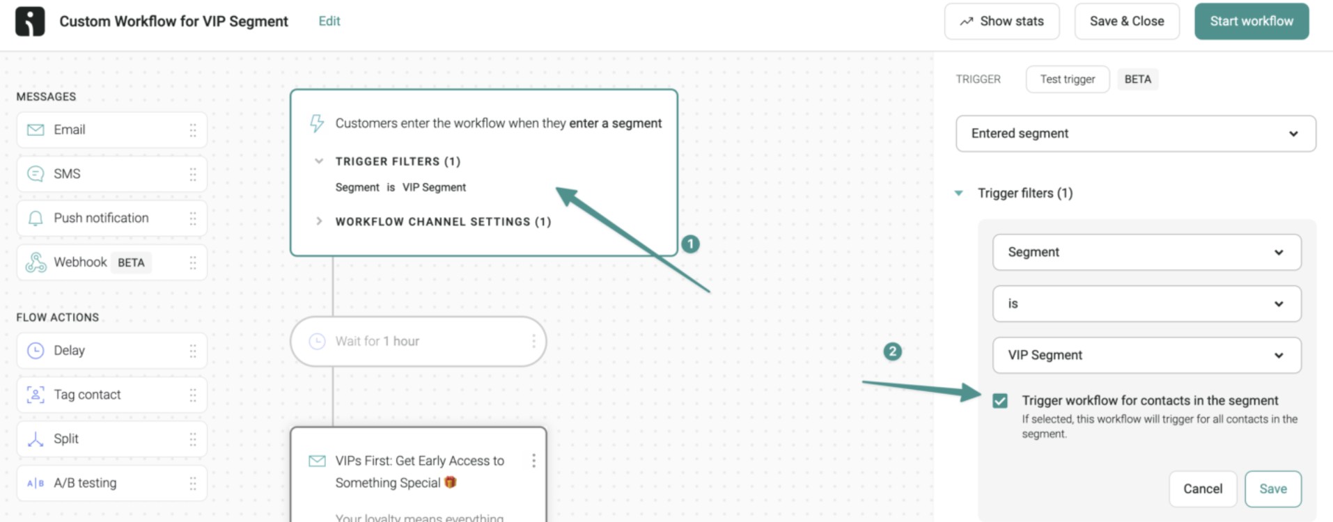 Data-driven email marketing: Screenshot of an automation workflow builder showing settings for a custom workflow triggered when customers enter the VIP Segment. Options and filters for triggering the workflow are highlighted with arrows and labels.