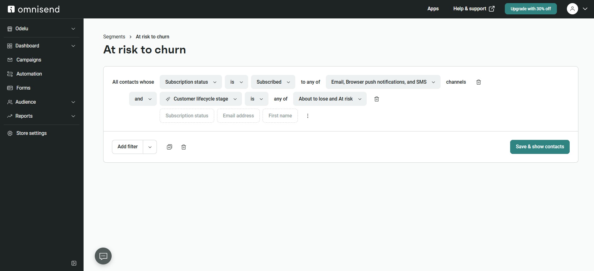 Data-driven email marketing: A dashboard screen from Omnisend shows a segment creation page titled At risk to churn, with filters for subscription status, notification channels, customer lifecycle stage, and risk status.