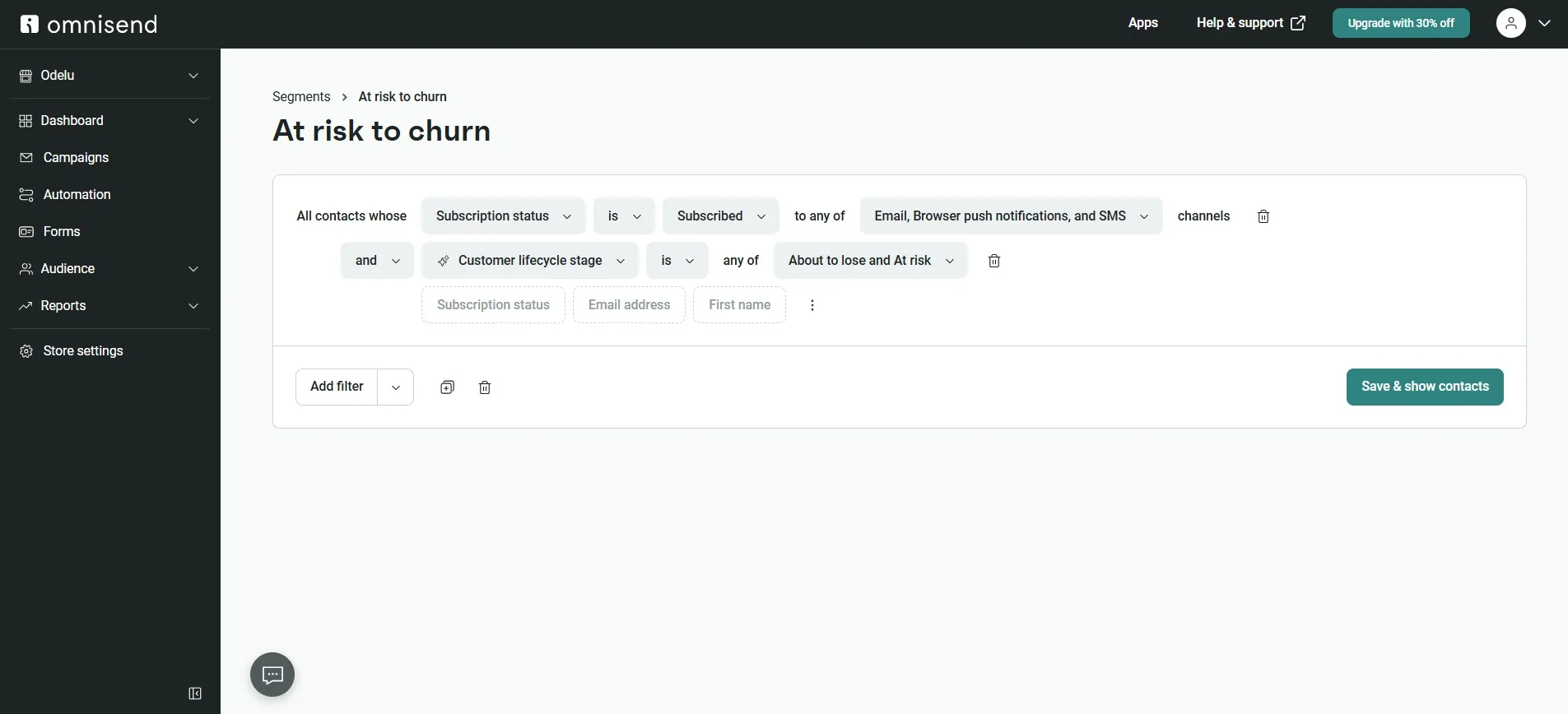 Data-driven email marketing: A dashboard screen from Omnisend shows a segment creation page titled At risk to churn, with filters for subscription status, notification channels, customer lifecycle stage, and risk status.