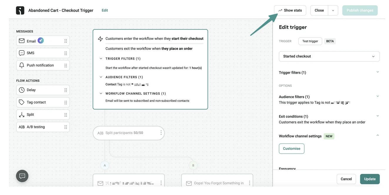 Omnisend abandoned cart workflow editor showing checkout trigger settings and Show stats button