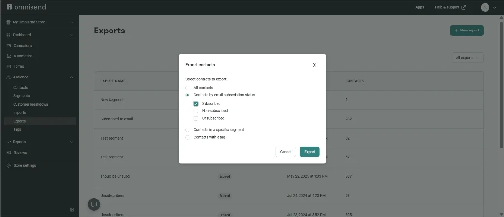 Email warmup: A dashboard screen from Omnisend shows an Exports window with export options for contacts, including Subscribed, Not subscribed, Unsubscribed, and others. An Export button is highlighted at the bottom.