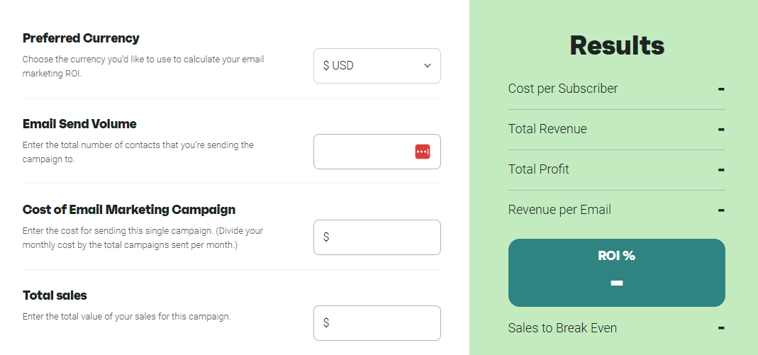Marketing campaigns: A form for calculating email marketing ROI with fields for currency, email send volume, campaign cost, and total sales. A green sidebar displays ROI results, currently showing dashes for all metrics.