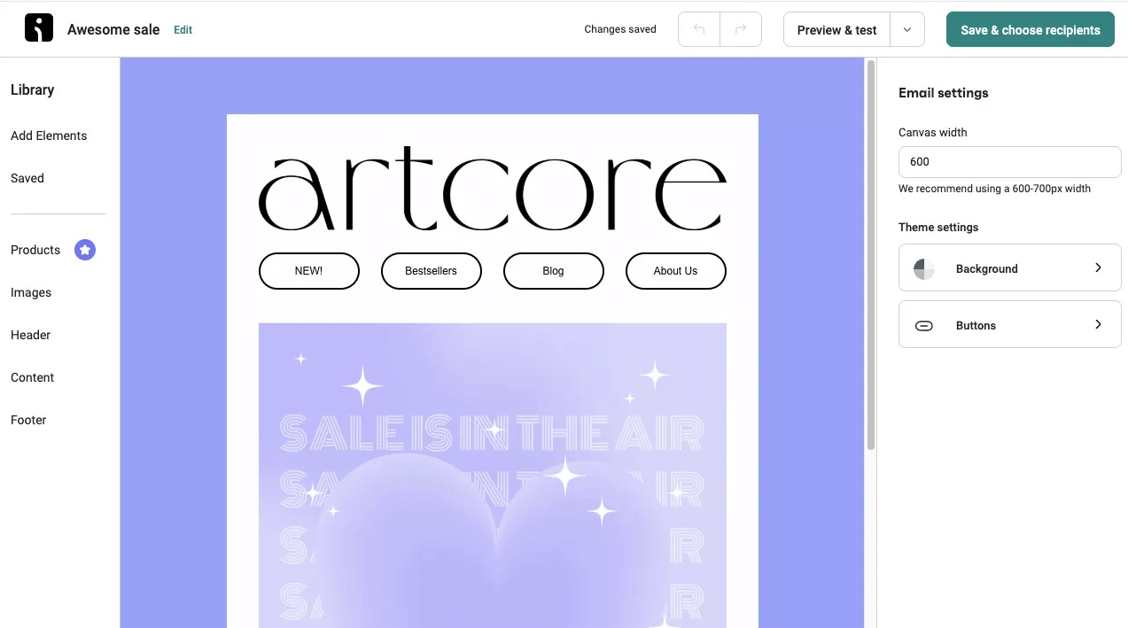 Marketing campaigns: A screenshot of an email editor with a purple artcore email template in the center and an Email settings menu open on the right, showing options for background and buttons. An arrow points to the settings menu.