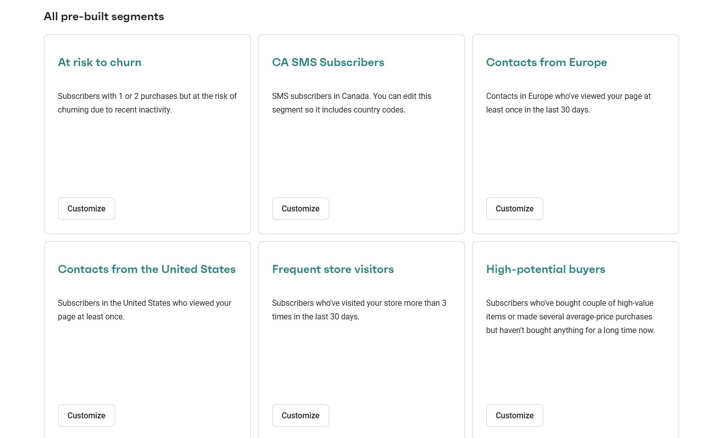 Data-driven email marketing: A webpage section displays six cards with titles and brief descriptions of pre-built customer segments, such as At risk to churn and High-potential buyers, each with a Customize button at the bottom.
