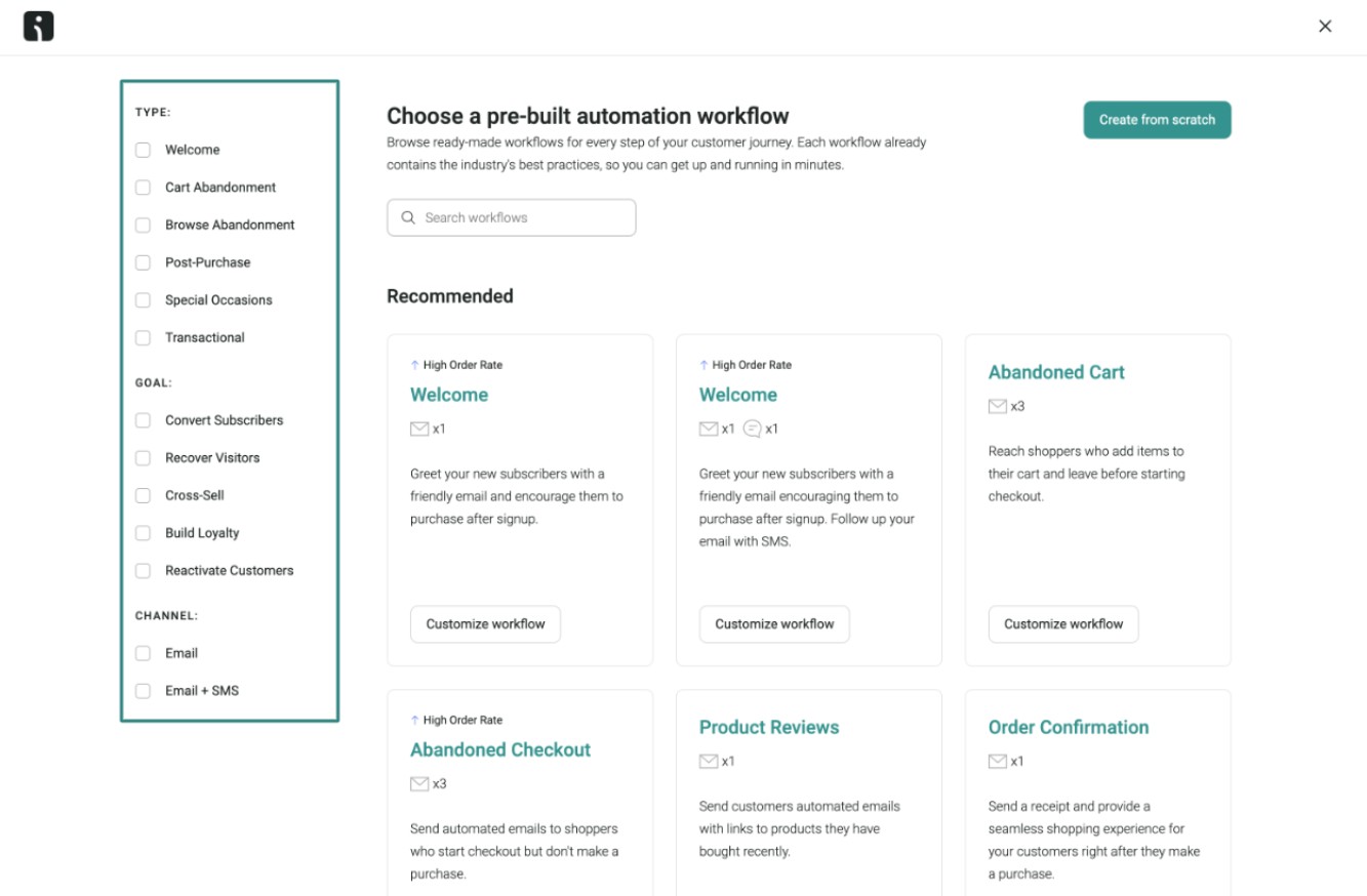 Data-driven email marketing: A user interface for selecting a pre-built automation workflow, featuring filter options on the left and workflow cards, such as Welcome, Abandoned Cart, and Product Reviews, displayed in the main section.