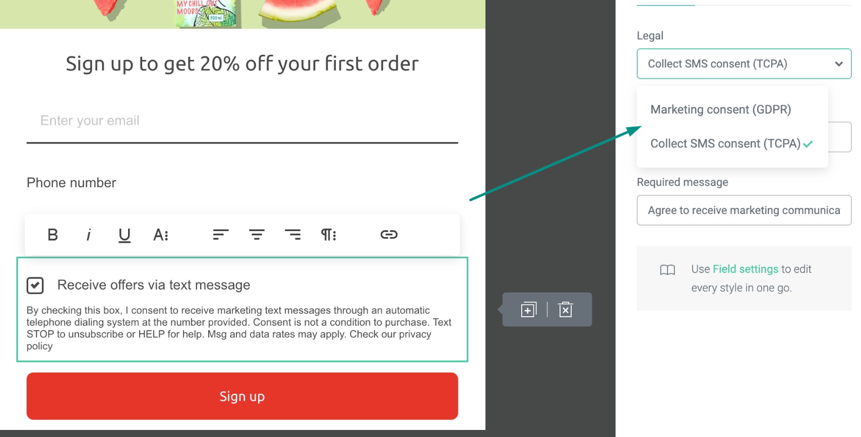 Data-driven email marketing: A sign-up form for 20% off a first order shows a phone number field, a checkbox to receive text message offers, and options on the right to collect SMS marketing consent for GDPR and TCPA compliance.
