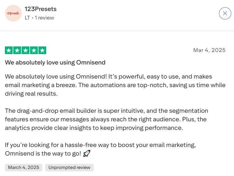 Breakup email: A positive review for Omnisend highlights its automation features, ease of use, and effective segmentation. The reviewer highly recommends it for improving email marketing. Includes a five-star rating and a rocket emoji.