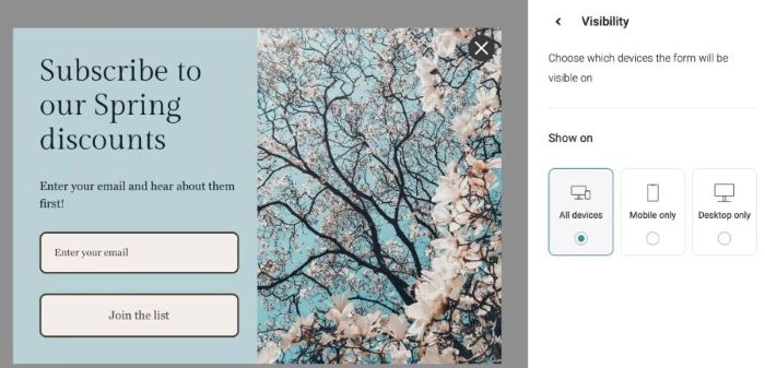 How to create a contact form in WordPress: A pop-up form with text offering spring discounts for email sign-up, featuring input and button fields on a light blue background with blooming tree branches and white flowers beside it. Visibility options are shown on the right.