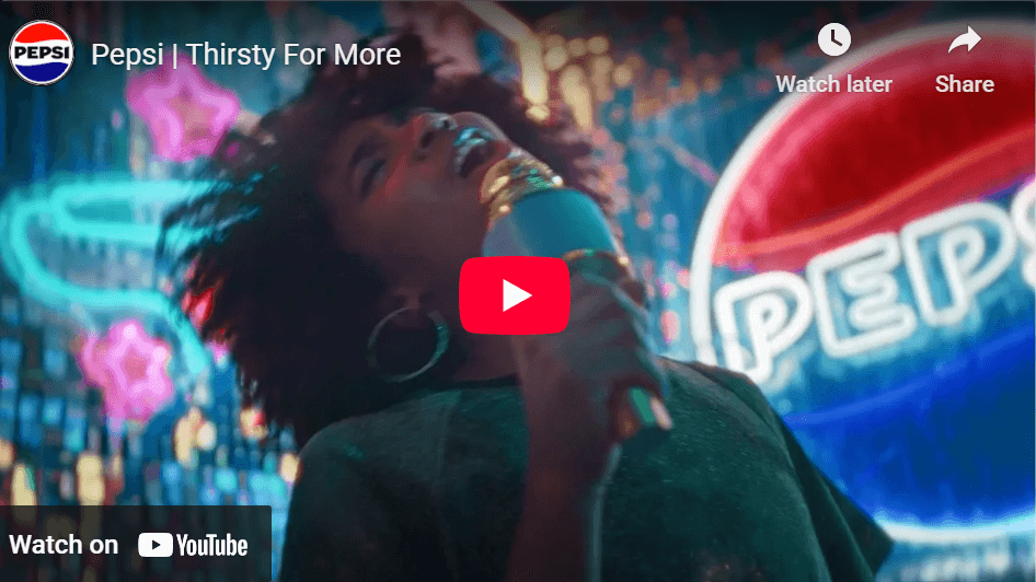 Marketing campaigns: A person sings passionately into a golden microphone with neon Pepsi signs and colorful lights glowing in the background; a play button and YouTube interface elements are visible on the screen.