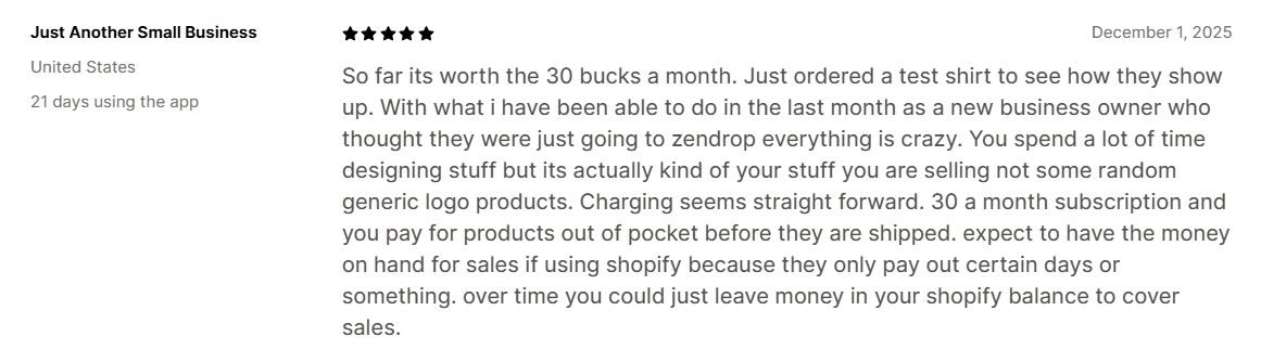 Amazon dropshipping suppliers: A five-star app review titled Just Another Small Business describes a positive experience with subscription costs, order testing, and product offerings. The review is dated December 1, 2025.