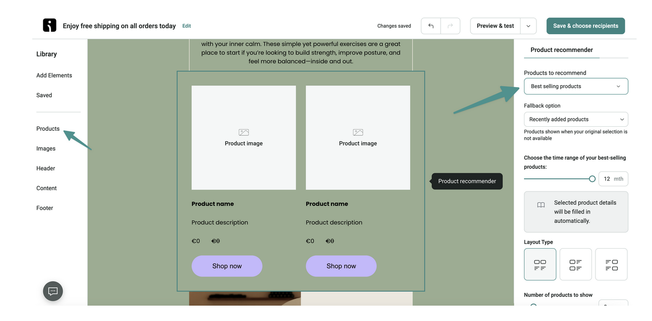 AI marketing statistics 2025: A website editor screen shows a “Products” tab selected on the left menu. The main section displays two product image placeholders with “Shop now” buttons. The right panel features product recommendation and layout settings. Blue arrows highlight sections.