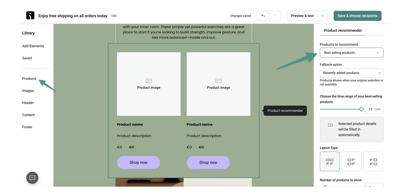 Omnisend email editor product recommender selecting best-selling products for campaign