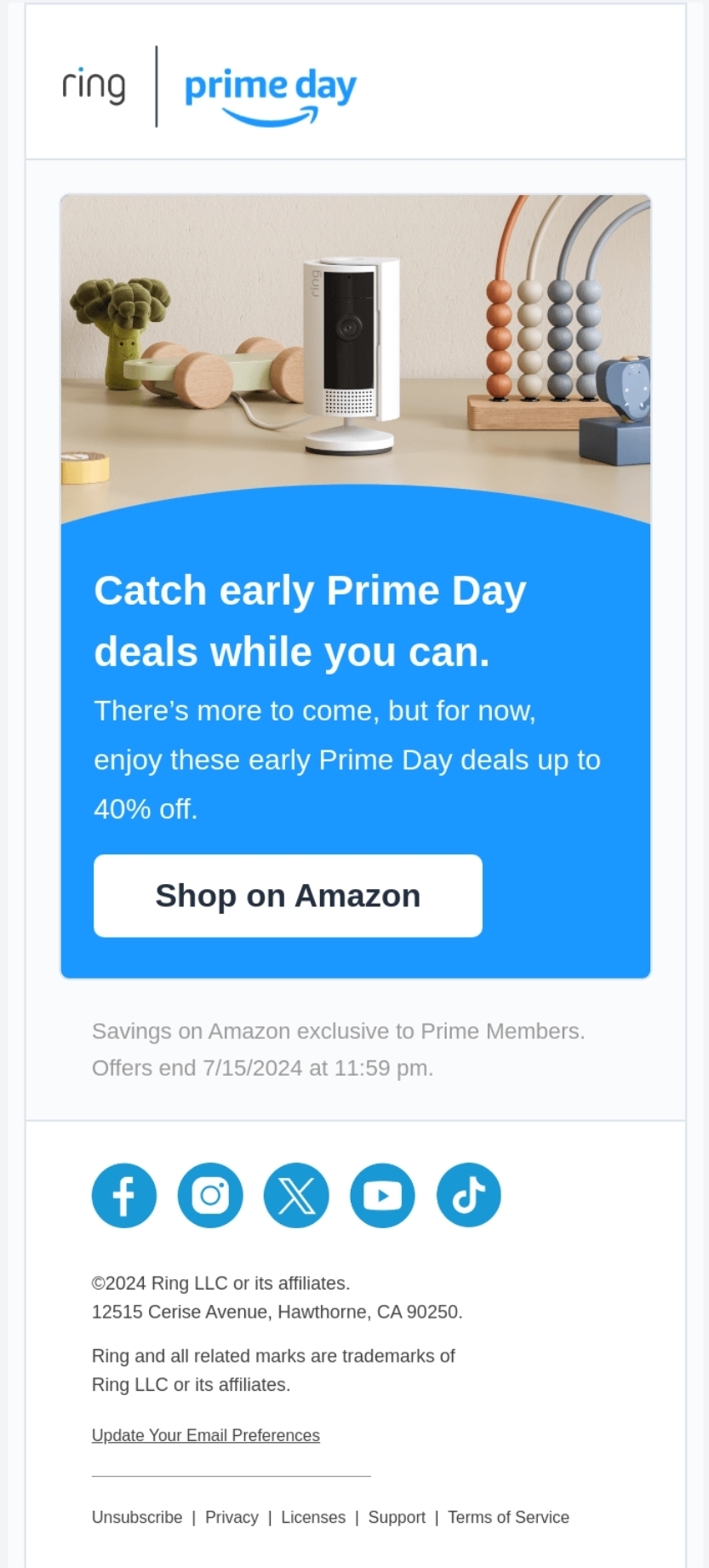 Marketing campaigns: An email ad for Rings Prime Day, featuring a security device on a table next to modern decor. A blue box reads: Catch early Prime Day deals while you can. Enjoy these early Prime Day deals up to 40% off.