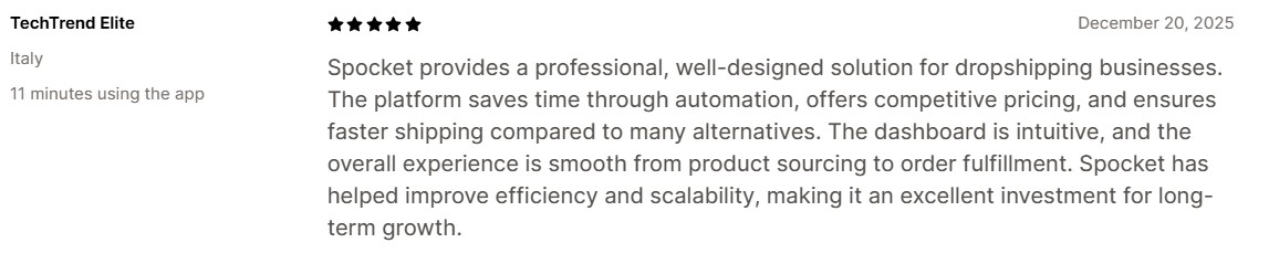 Amazon dropshipping suppliers: A five-star review for Spocket highlights its automation, competitive pricing, and fast shipping for dropshipping. The reviewer praises its intuitive dashboard, efficiency, scalability, and value for long-term growth.