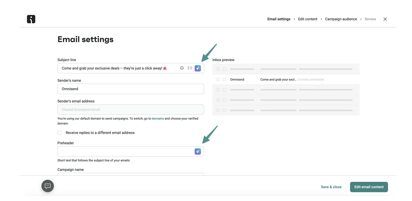 AI marketing statistics 2025: A screenshot of an email settings page showing fields for subject line, sender’s name, and preheader. Two teal arrows point to the subject line and preheader fields, and there’s an AI generator option.