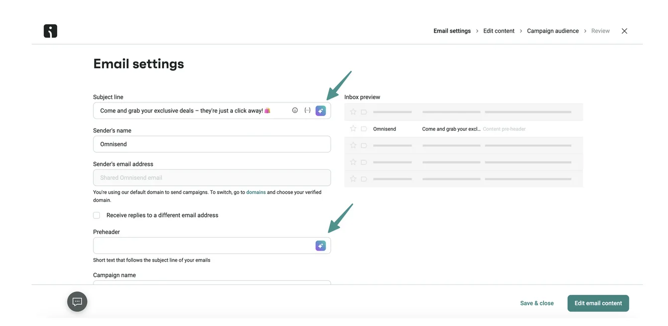 Omnisend email settings screen showing AI subject line and preheader generator icons