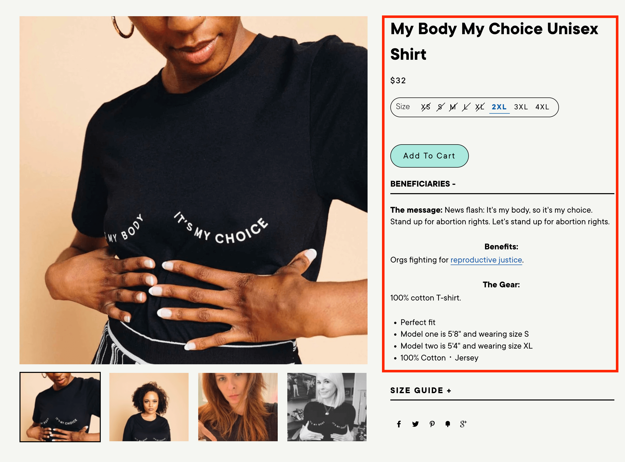 AB testing on Shopify: A person wears a black t-shirt with “MY BODY IT’S MY CHOICE” written on it. Their hands rest on their stomach. The product listing details the shirt’s price, size options, description, and benefits on the right side.