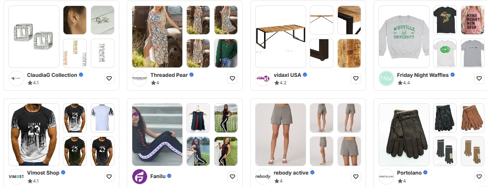 BigCommerce dropshipping: A collage of six online shop profiles, each displaying a variety of clothing items including shirts, dresses, shorts, pants, gloves, and a table, with shop names and icons beneath each collection.