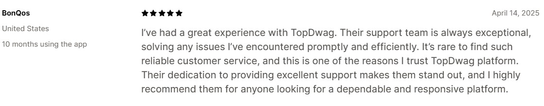 Amazon dropshipping suppliers: A five-star review from a user named BonQos, dated April 14, 2025, praises TopDwags exceptional support and reliability, recommending the platform for its dependable and responsive customer service.