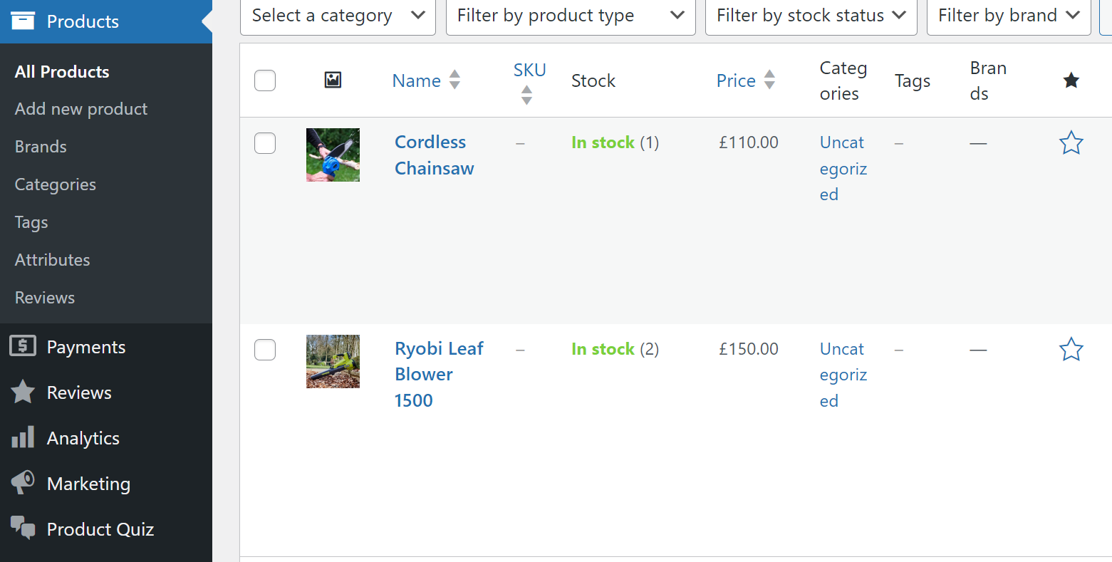 WooCommerce product recommendations: A product management dashboard shows two items: a cordless chainsaw (£110, in stock) and a Ryobi leaf blower (£150, in stock). Filters and side menu options for products, categories, and reviews are visible.