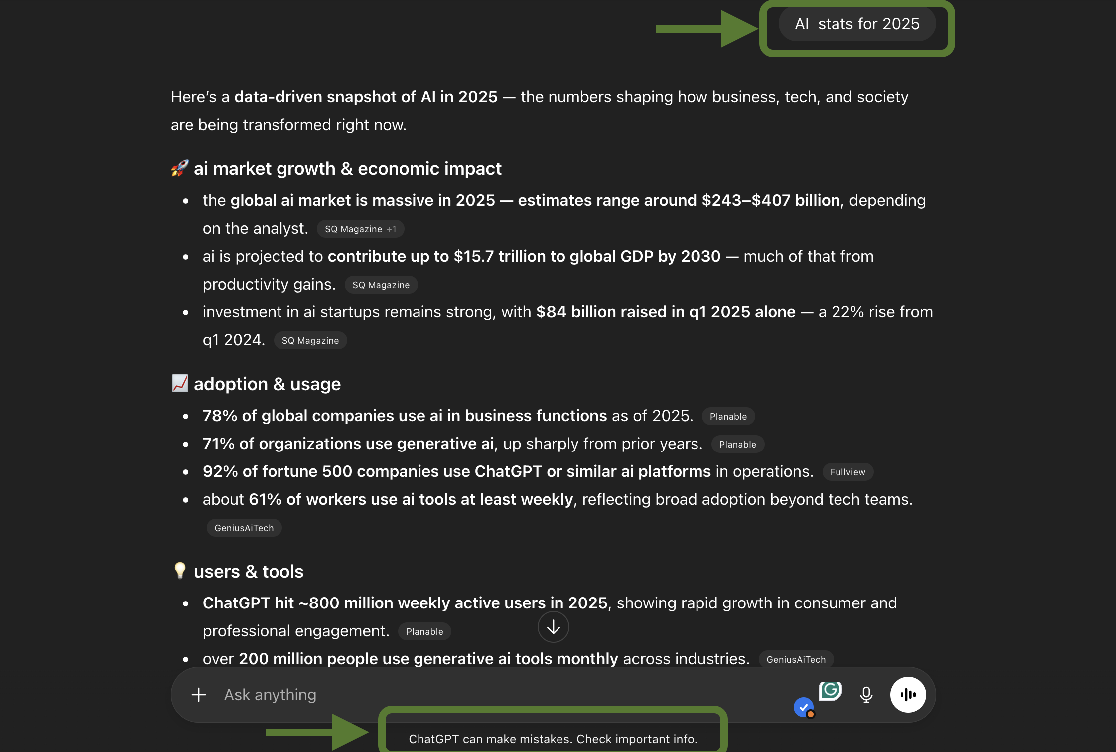 AI marketing statistics 2025: A screenshot of a webpage about AI in 2025. Green arrows highlight the phrases “AI stats for 2025” at the top and “ChatGPT can make mistakes. Check important info.” at the bottom. The page lists AI market and usage trends.