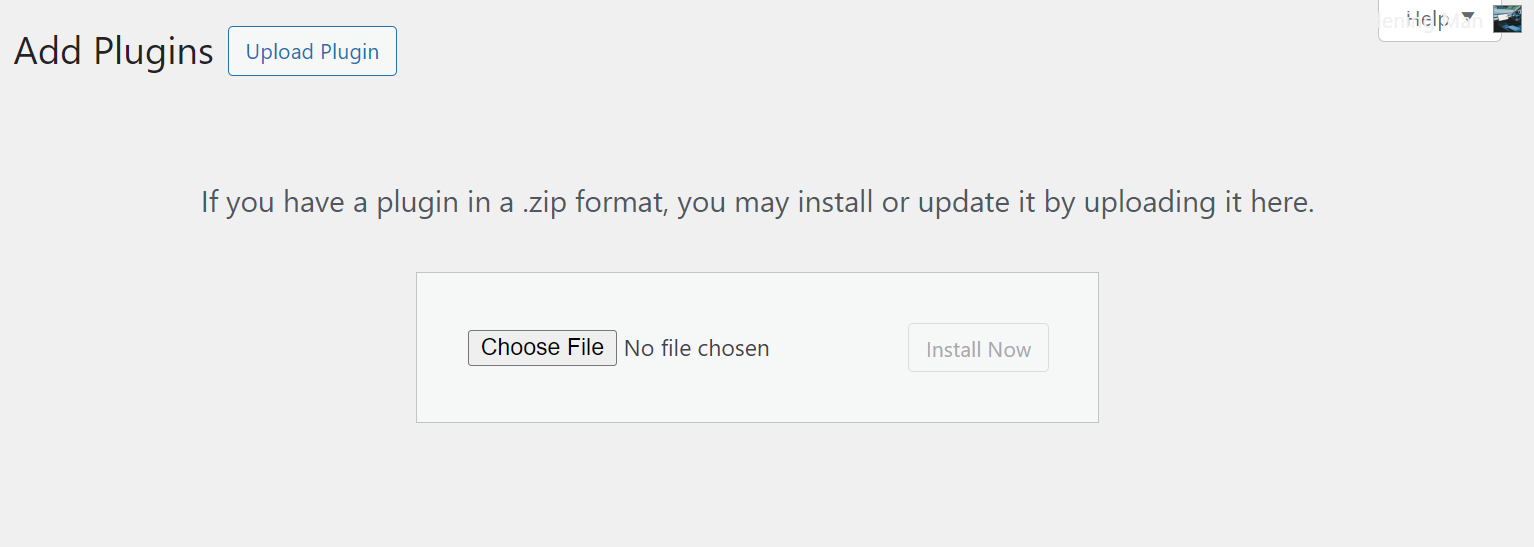 WooCommerce product recommendations: Screenshot of the WordPress “Add Plugins” page, showing an option to upload a plugin in .zip format with a “Choose File” button and a greyed-out “Install Now” button. A small help popup appears in the top right corner.