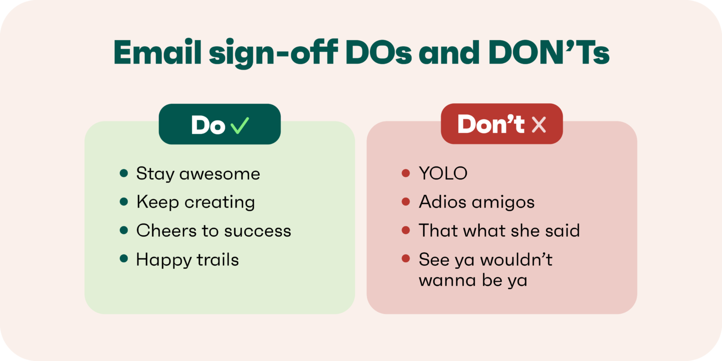 Email sign-off dos and don’ts infographic with Do and Don’t bullet list examples