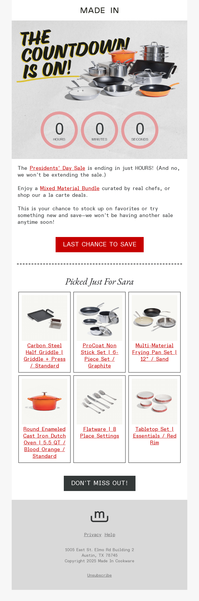 Email images: Promotional email for a Presidents’ Day sale featuring a countdown timer, cookware images, and a “Last Chance to Save” button. Below, product recommendations with images, names, and “Shop” buttons are shown.