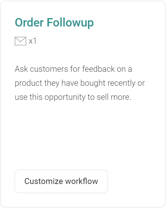 Thank you email templates: A card titled Order Followup with an envelope icon and x1. Text explains to ask customers for feedback or use the opportunity to sell more. A button below reads Customize workflow.