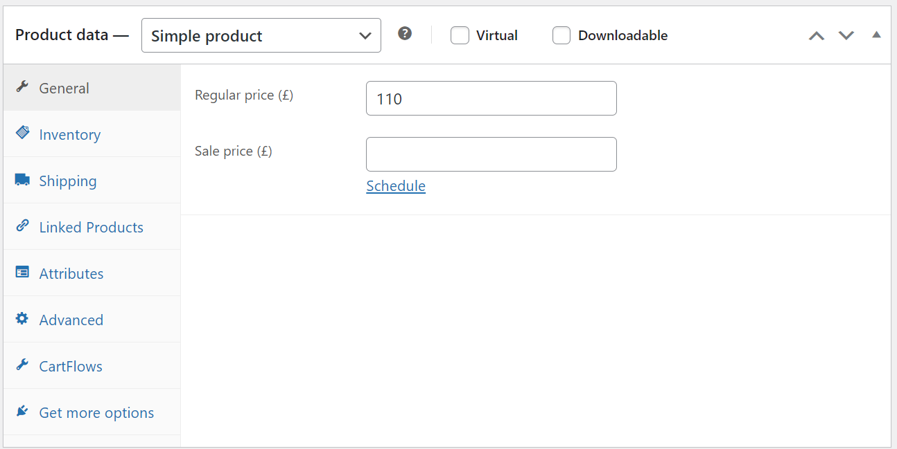 WooCommerce product recommendations: A product data settings panel for a simple product, showing tabs on the left and fields for regular price (£110) and sale price on the right, with a Schedule link under the sale price field.