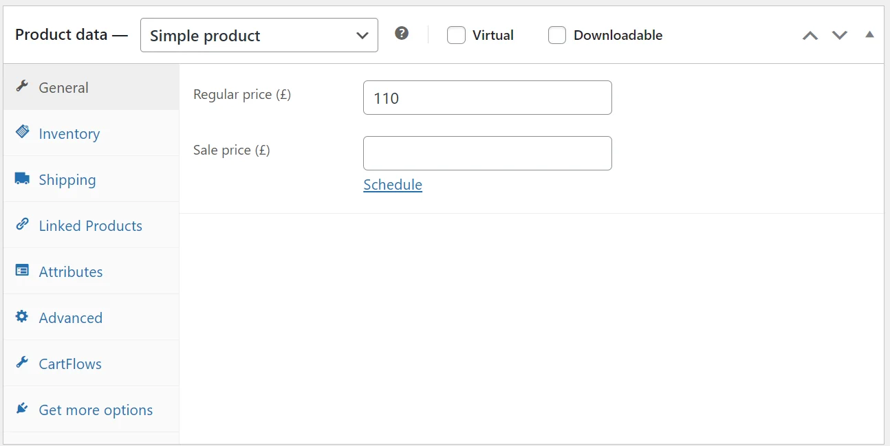 WooCommerce product recommendations: A product data settings panel for a simple product, showing tabs on the left and fields for regular price (£110) and sale price on the right, with a Schedule link under the sale price field.