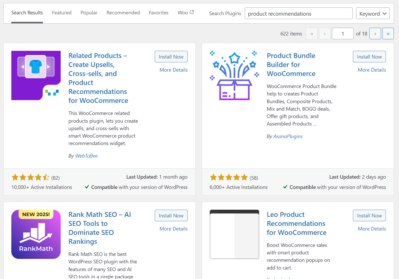 WooCommerce product recommendations: Screenshot of a WordPress plugin search results page showing plugins related to “product recommendations,” including details like ratings, active installations, descriptions, and “Install Now” buttons for each plugin.