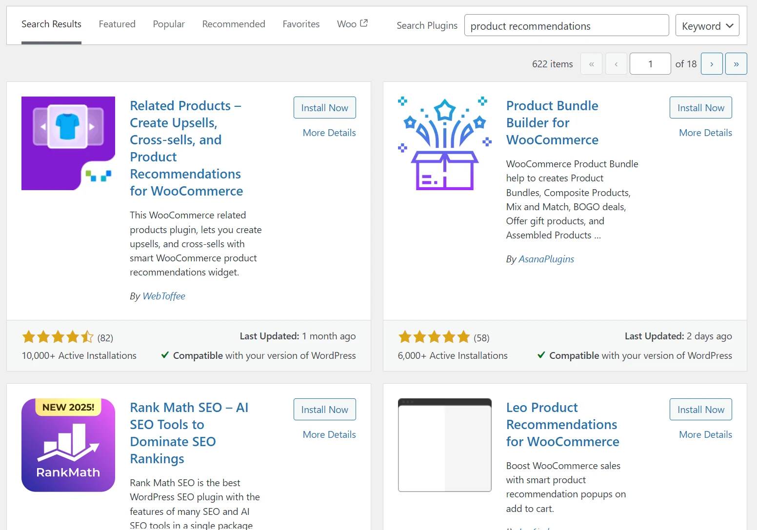 WooCommerce product recommendations: Screenshot of a WordPress plugin search results page showing plugins related to “product recommendations,” including details like ratings, active installations, descriptions, and “Install Now” buttons for each plugin.