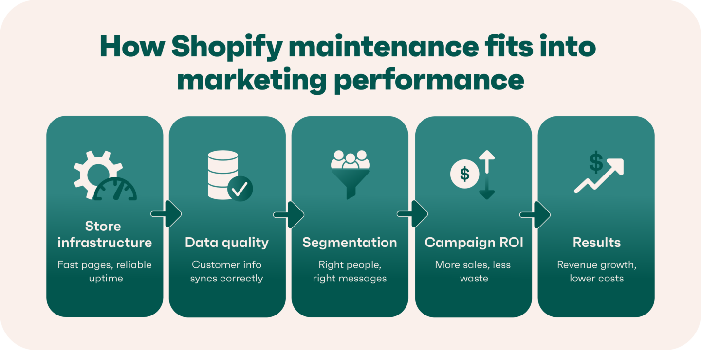 Shopify maintenance marketing flow: infrastructure, data quality, segmentation, campaign ROI, results