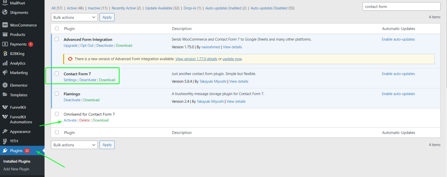 How to create a contact form in WordPress: A WordPress admin dashboard showing the Plugins page. The Contact Form 7 plugin is installed, active, and highlighted, with green arrows pointing to its name and the Plugins menu item on the left sidebar.
