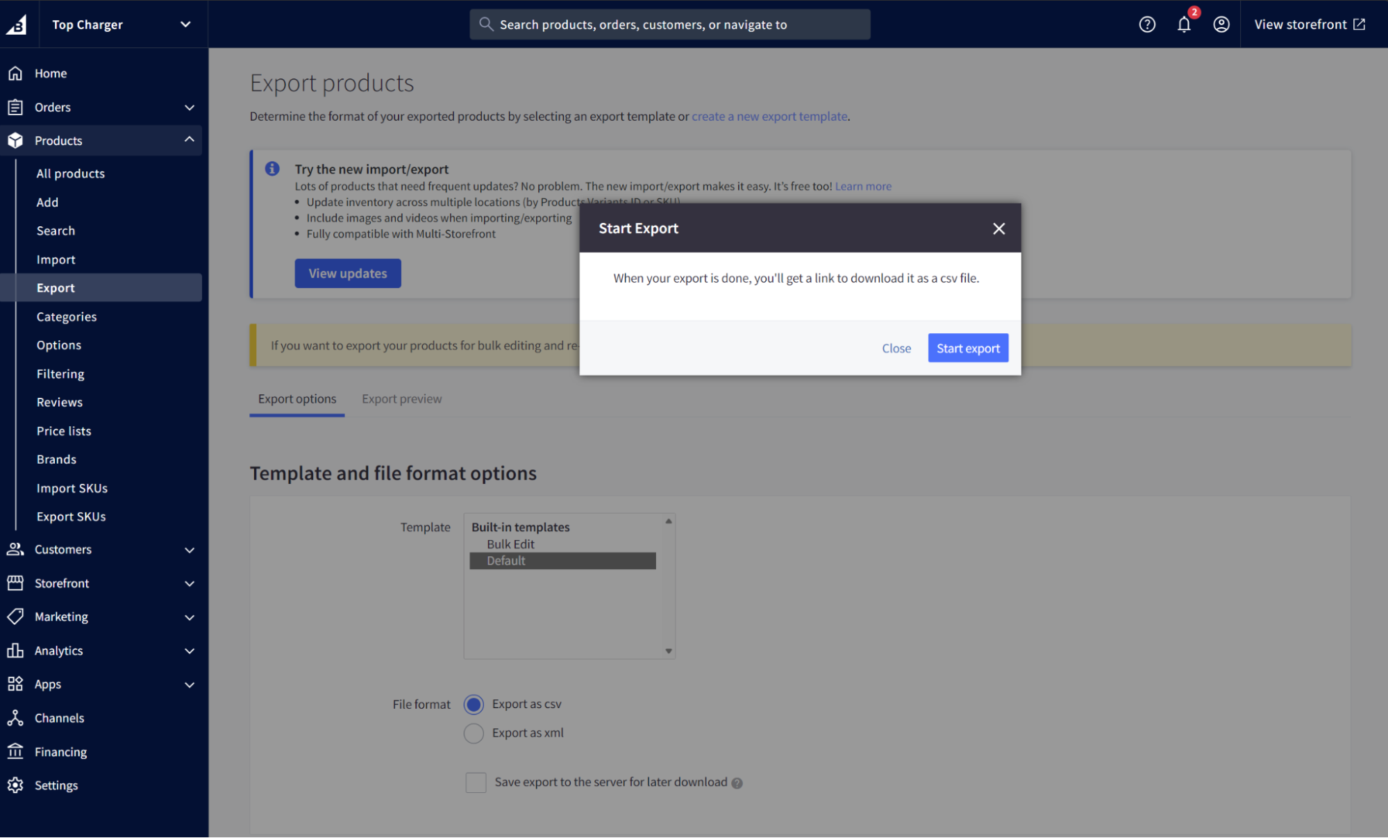BigCommerce to WooCommerce migration: A computer screen shows a Shopify Export products page with a pop-up window titled Start Export, prompting the user to start exporting products and download the file as a CSV.