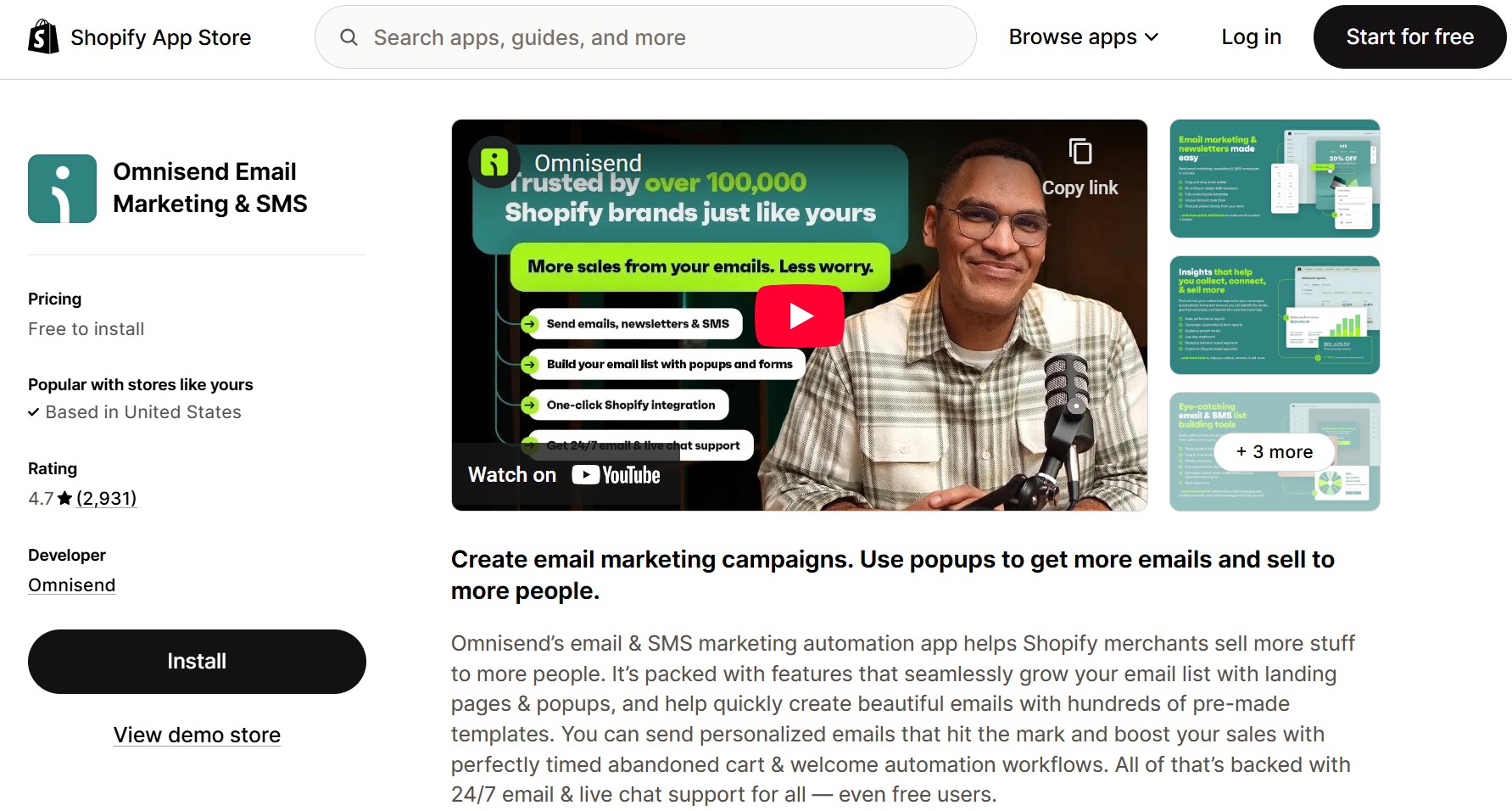 Shopify notify when back in stock: Screenshot of the Omnisend Email Marketing & SMS app page on the Shopify App Store, featuring a promo video, app description, install button, and a sidebar with ratings, pricing, and developer information.
