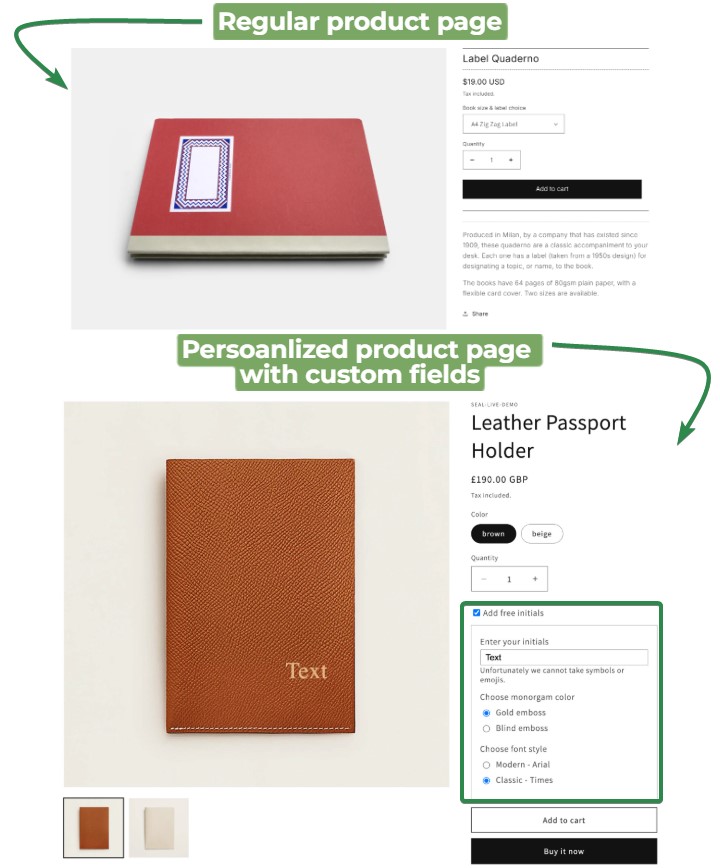 Shopify personalized products: Comparison of two product pages: the first shows a regular red notebook with a simple purchase form, and the second shows a leather passport holder with custom fields for personalization, like initials and color.