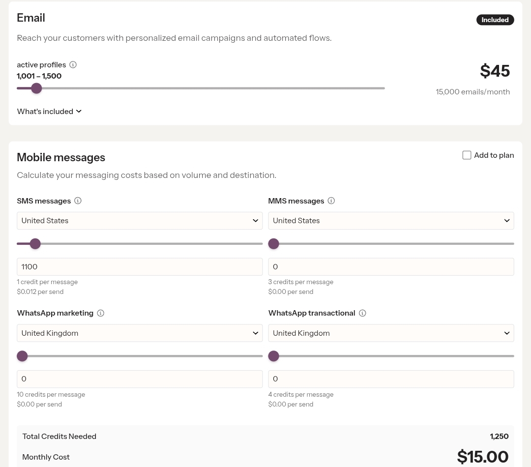 Wix SMS marketing: Screenshot of a pricing calculator for email and mobile messaging services. Email for 1,001–1,500 profiles is $45/month. Various mobile messaging options are selected, totaling 1,250 credits and a $15 monthly cost.