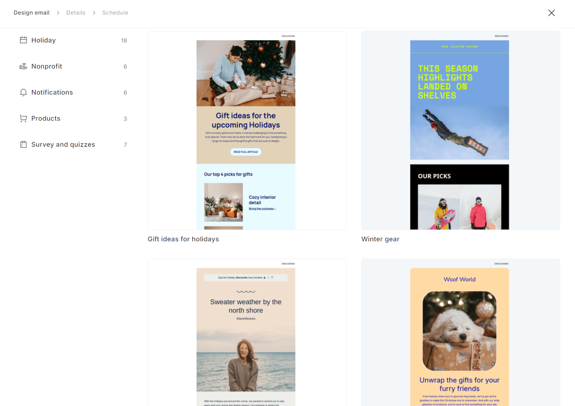 Brevo vs. MailerLite: Screenshot of an email design tool displaying four holiday-themed email templates: gift ideas for holidays, winter gear, sweater weather outfits, and pet gifts. Menu options are on the left side.