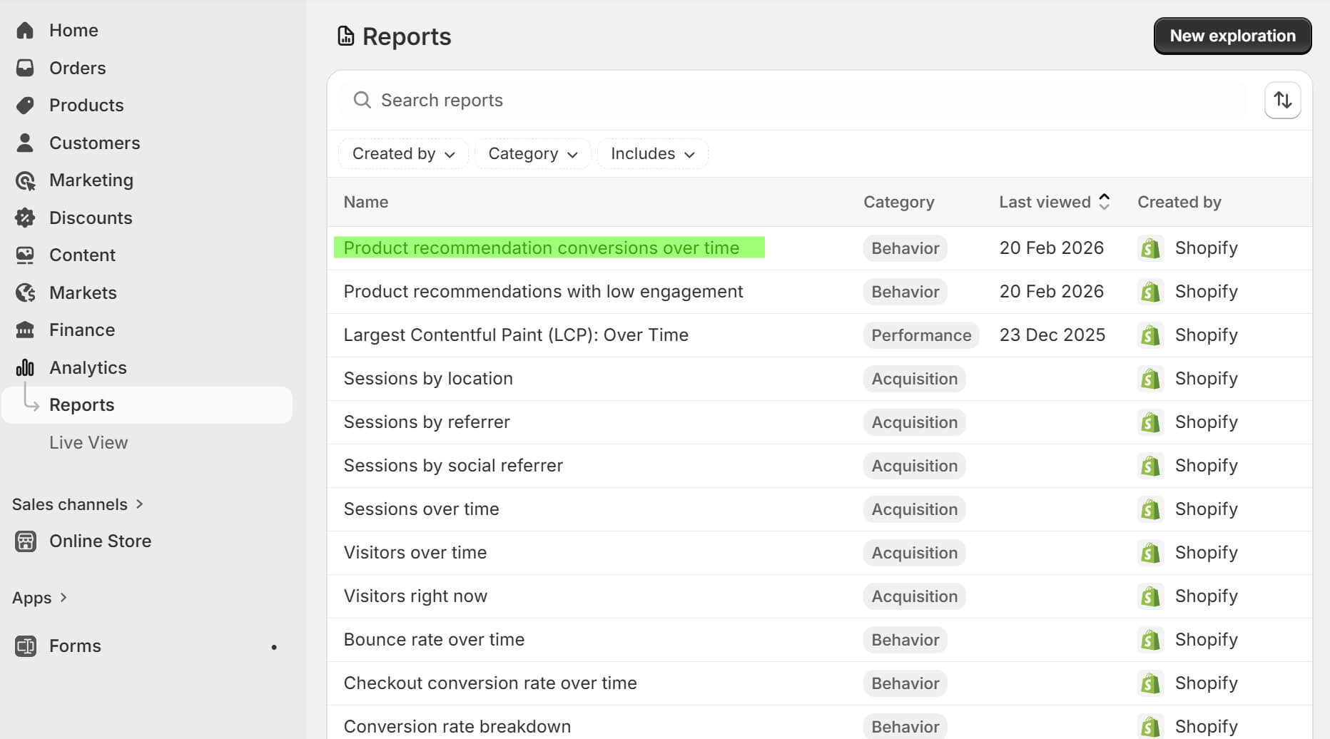 Shopify product recommendations: A screenshot of a Reports dashboard, showing a list of report titles, categories, and last edited dates. One report, Product recommendation conversions over time, is highlighted in green. The interface is clean and minimal.