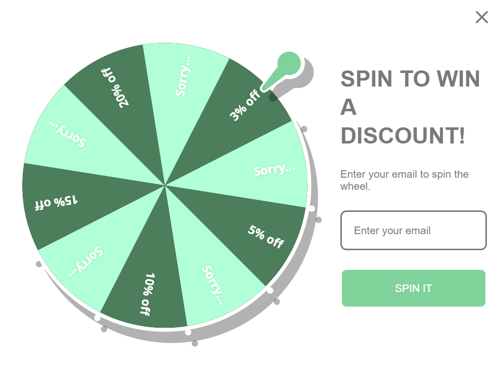 BigCommerce to WooCommerce migration: A digital spinning prize wheel with sections labeled with discounts (3%, 5%, 7%, 15%, 20% off) and Sorry. Beside it is a form to enter an email and a green Spin It button for a chance to win a discount.