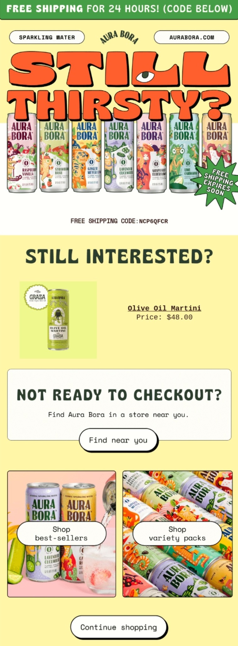 Email marketing examples: Promotional email for Aura Bora sparkling water displays colorful cans, a free shipping code, a featured Olive Oil Martini flavor, best-sellers, variety packs, and a “Continue shopping” button on a bright yellow and green background.