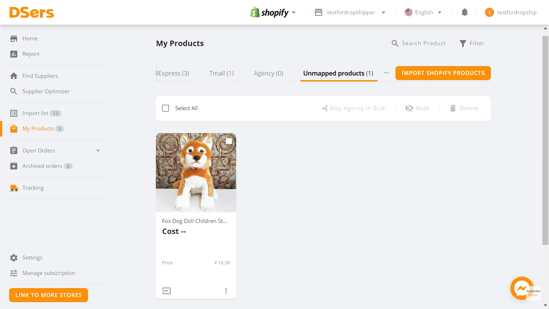 Best dropshipping apps for Shopify: A DSers Shopify dashboard showing one unmapped product: a plush Shiba Inu dog toy. The products cost is not displayed, and navigation options are on the left sidebar.