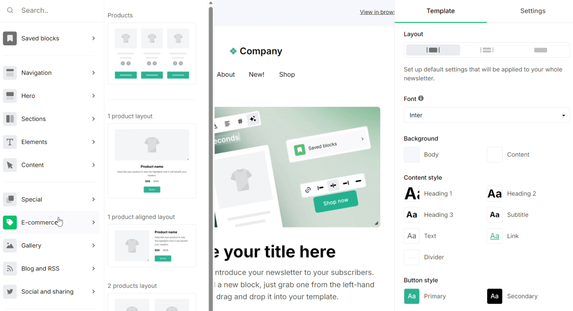 Brevo vs. MailerLite: A website builder interface displaying a sidebar with layout options, a main preview of a newsletter template for an online shop, and a settings panel for customizing layout, font, background, and style.