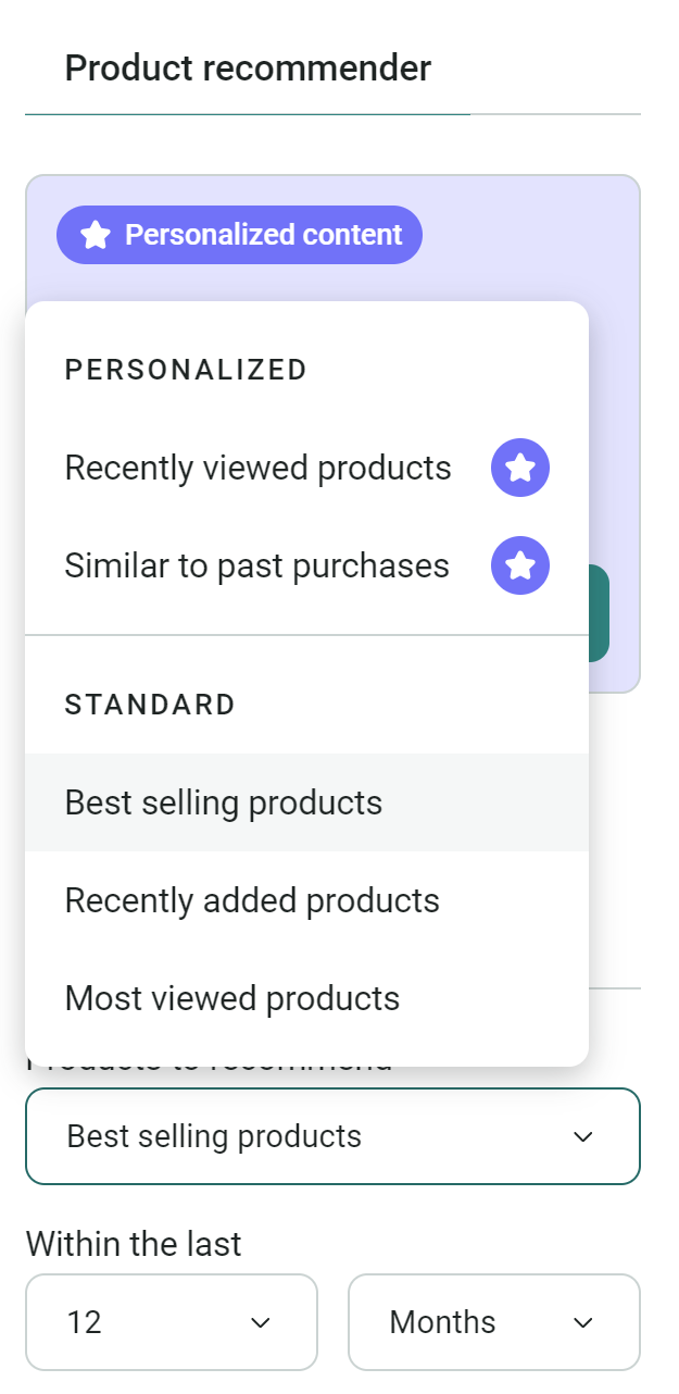 Shopify product recommendations: A dropdown menu titled Product recommender shows options for personalized content and standard product recommendations, including recently viewed, similar to past purchases, best selling, recently added, and most viewed products.