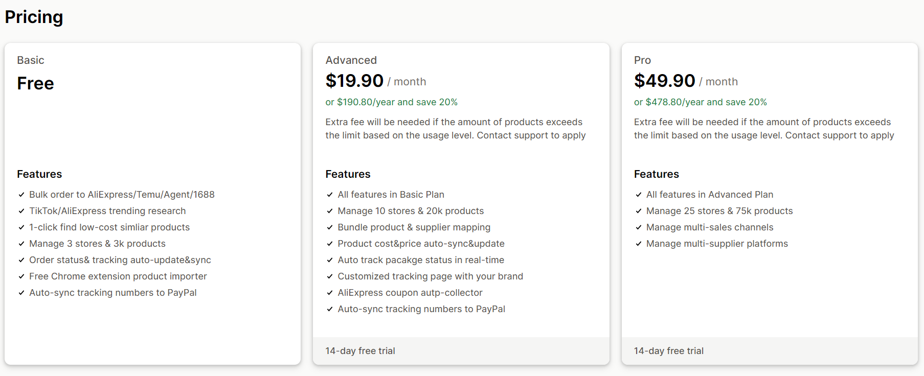 Best dropshipping apps for Shopify: Screenshot of a pricing table with three plans: Basic (Free), Advanced ($19.90/month), and Pro ($49.90/month). Each column lists features and notes about free trials and discounts for annual payments.