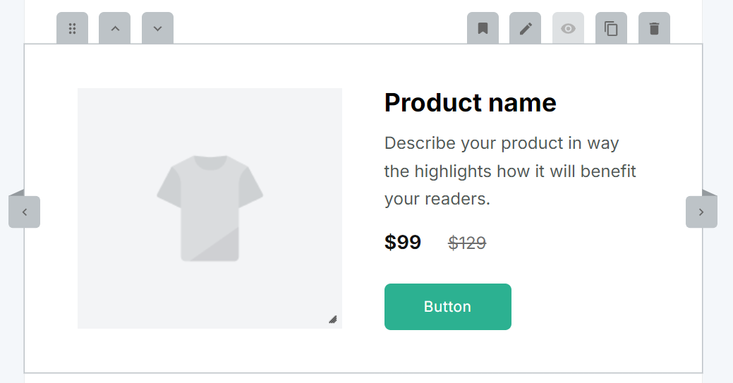 Brevo vs. MailerLite: A product card with a gray t-shirt icon, placeholder text for product name and description, a price of $99 marked down from $129, and a green Button below the price.