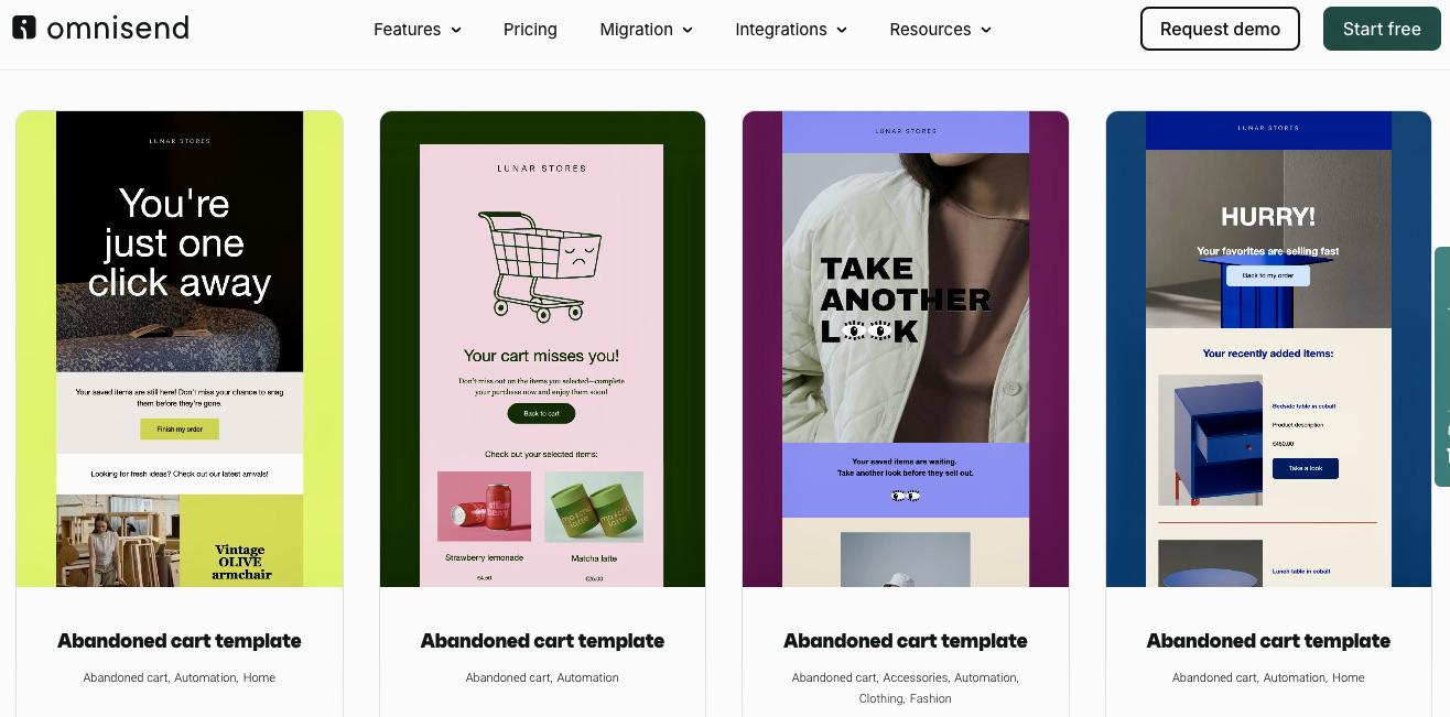 Shopify music store: Screenshot of the Omnisend website displaying four colorful abandoned cart email templates, each with different graphics, headlines, and layouts for online stores. Omnisend menu and action buttons are visible at the top.